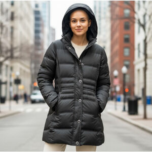 Eddie Bauer Goose Down Puffer Coat Hooded Cinch Waist Large Tall